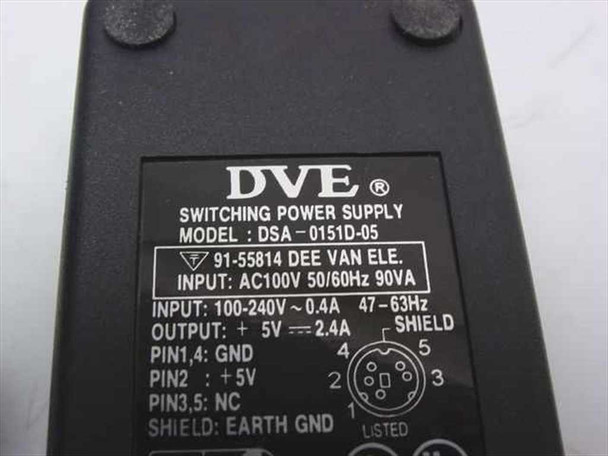 DVE switching power supply DSA-0151D-05 label showing 100-240V AC input and 5V DC 2.4A output specs