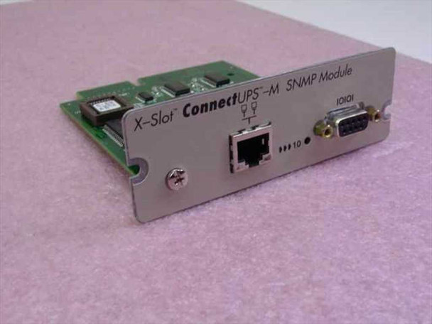 Powerware ConnectUPS-M X-Slot SNMP Module front bracket view showing RJ-45 Ethernet port, DB9 serial connector, and status LEDs
