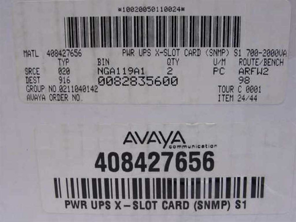 Avaya inventory label for part 408427656 — PWR UPS X-SLOT CARD (SNMP) S1 700–2000VA with barcode and order information