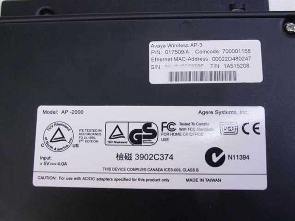 Avaya AP-2000 AP-3 bottom label showing P/N 017509/A, Comcode 700001158, MAC address, model AP-2000, Agere Systems, Made in Taiwan