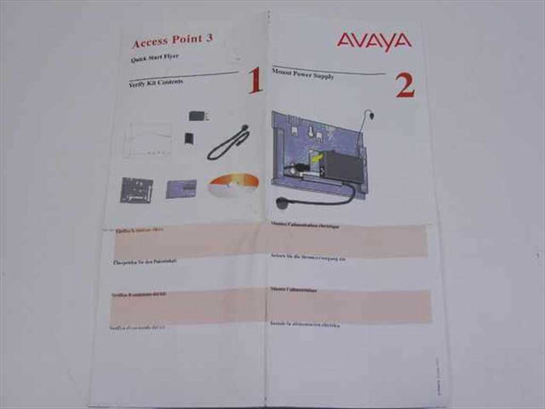 Avaya Access Point 3 Quick Start flyer included with AP-2000 — multilingual kit contents and setup steps