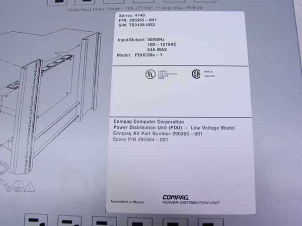 Compaq PDUC30a-1 rating plate label showing Series 4140, P/N 295365-001, Model PDUC30a-1, 50/60Hz, 100-127VAC, 24A Max, UL and CSA marks, Assembled in Mexico