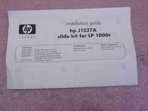 HP J1527A – installation guide booklet showing contents list including part numbers and rack compatibility