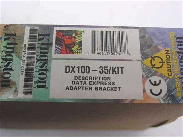 Kingston DX100-35/KIT box label showing part number DX100-35/KIT, Data Express Adapter Bracket description, barcode, and CE mark