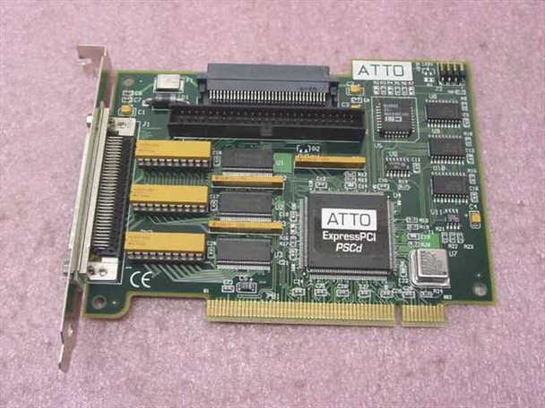 ATTO ExpressPCI PSCd SCSI controller PCI card — solder side showing full board layout, ATTO logo, and 68-pin external connector