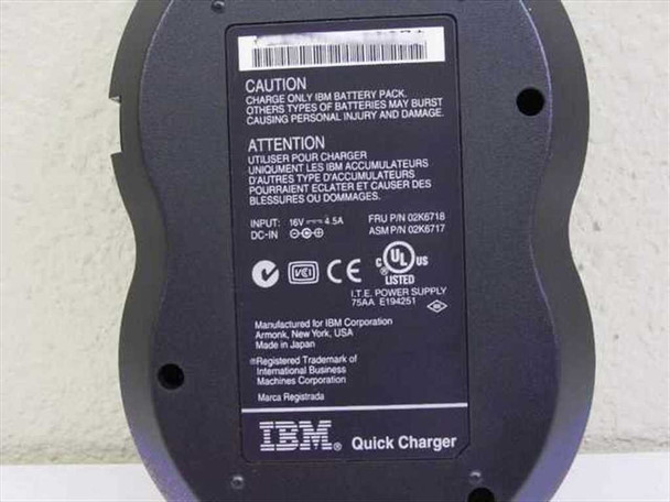 IBM 02K6719 ThinkPad Quick Battery Charger – bottom label showing input specs 16V 4.5A, FRU 02K6718, ASM 02K6717, UL listing, and Made in Japan