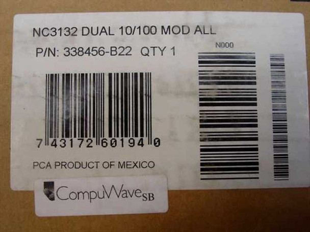 Compaq NC3132 Dual 10/100 Mod All box label showing P/N 338456-B22, barcode 743172601940, QTY 1, PCA Product of Mexico