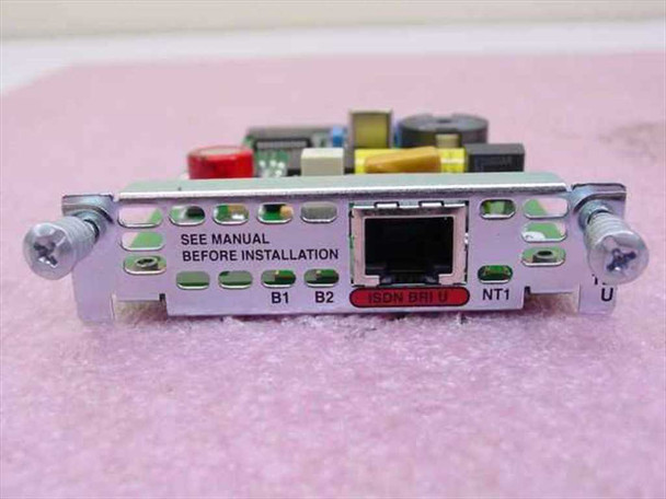 Cisco WIC-1B-U card faceplate showing single RJ-45 ISDN BRI port with B1, B2, ISDN BRI U, NT1, and U port labels