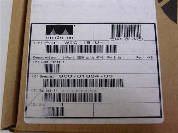 Cisco WIC-1B-U box label showing product number WIC-1B-U, description 1-Port ISDN with NT-1 WAN Interface Rev K0, and special number 800-01834-03
