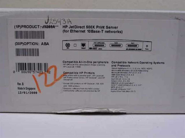 HP JetDirect EX Plus3 – original box label showing J3268A 500X print server product info, Rev. B, compatible OS and printers list