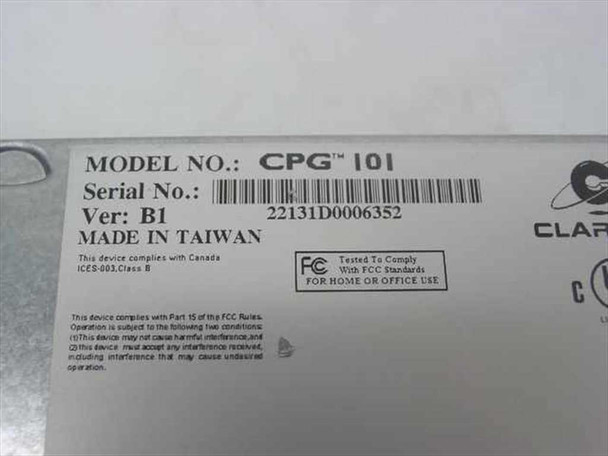 Clarent CPG 101 — bottom label showing model number CPG 101, serial number, hardware version B1, Made in Taiwan, and FCC compliance markings