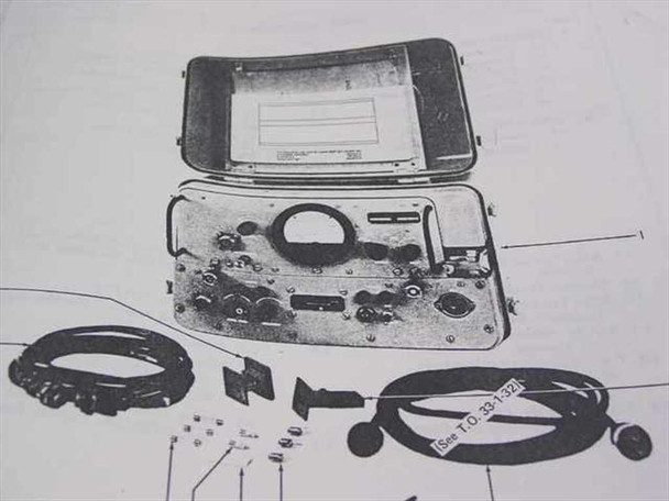 Interior page of AN/UPM-12 Technical Manual showing exploded diagram of the radar test set equipment and accessories