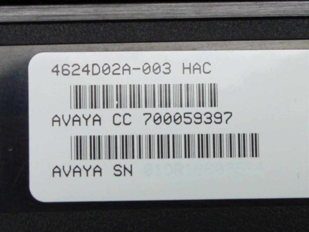 Avaya 4624D02A-003 HAC bottom label showing part number 4624D02A-003 HAC, Avaya CC 700059397, and Avaya SN barcodes
