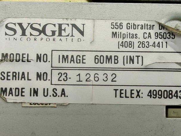 Sysgen Smart Image 60 label showing model IMAGE 60MB INT, serial number 23-12632, Made in USA