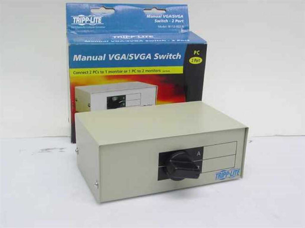 Tripp Lite B112-002-R Manual VGA SVGA 2-Port Switch Box with original retail box — front and top view showing rotary selector dial