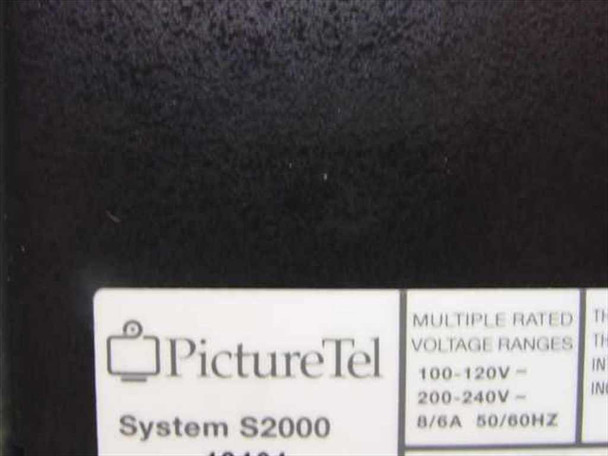 PictureTel System S2000 rating label — shows model name, multiple rated voltage ranges: 100-120V and 200-240V, 8/6A, 50/60Hz