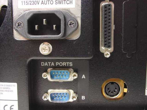 PictureTel System S2000 rear detail — 115/230V auto-switch IEC power inlet, DB25 port, dual DB9 Data Ports A and B, 4-pin DIN connector, CE mark