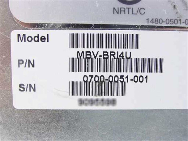 Ascend MBV-BRI4U bottom label showing Model MBV-BRI4U, Part Number 0700-0051-001, and serial number with NRTL/C certification marking
