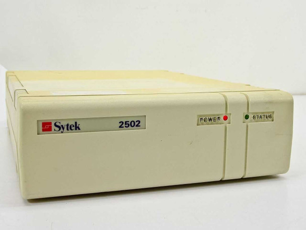 Sytek 2502 broadband network modem – front panel view showing Sytek logo, model number, Power and Status indicator LEDs