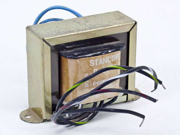 Stancor P-8574 control transformer — front view showing chassis mount ears, blue secondary wires and black primary wires