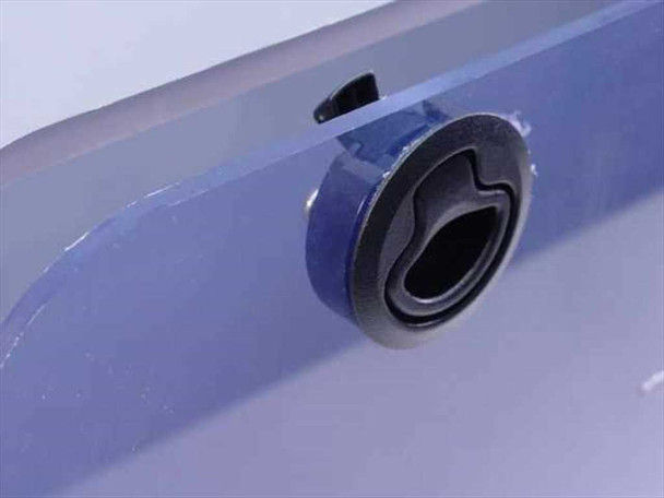 Close-up of quarter-turn cam lock latch on blue transparent front panel of chemical resistant container