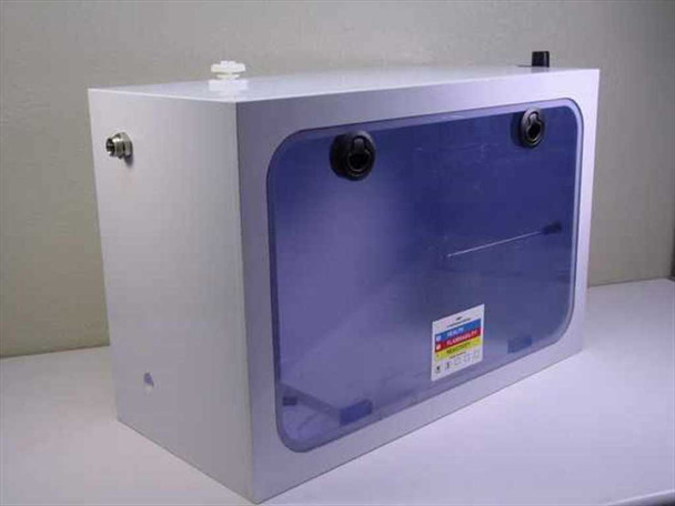 Chemical resistant clean room container front view — blue transparent acrylic window, white enclosure body, top ports, and quarter-turn cam lock latches