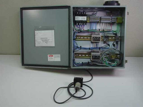 Omron S3S-B10-US Bulk Fill Control Panel MRLOB02 — enclosure open showing internal wiring, controllers, transformer, and terminal blocks with E2K-C25ME1 proximity switch on cable outside