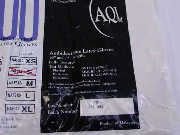 AQL NF312 black label close-up showing ambidextrous latex gloves specs, ASTM D3578-77 test methods, lot number, batch number, Product of Malaysia