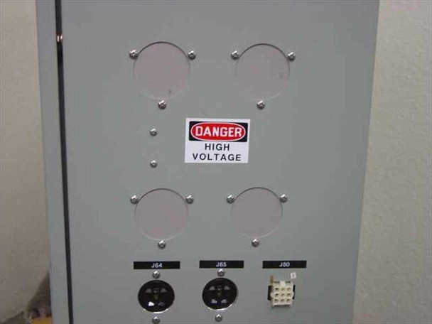 Side panel of power conditioner enclosure showing four large knockout holes and three output connectors labeled J64, J65, and J80