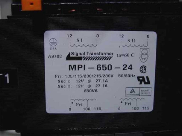 Close-up of Signal Transformer MPI-650-24 rating label showing 650VA, primary 100/115/200/215/230V 50/60Hz, secondary 12V at 27.1A x2