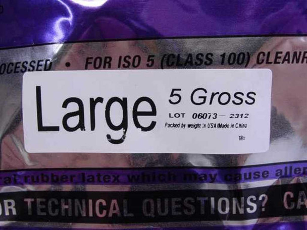QRP 7CL Finger Cots label closeup — Large, 5 Gross, Lot 06013-2312, ISO 5 Class 100, packed in USA/made in China
