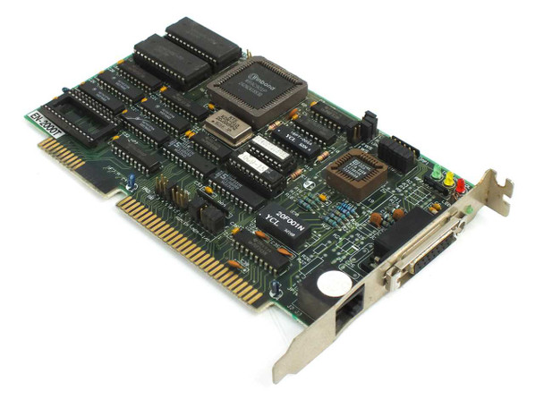 Danpex EN-2000T 16-bit ISA network card – angled top view showing full PCB layout with Winbond main chip, memory ICs, RJ45 port, and AUI DB15 connector on bracket