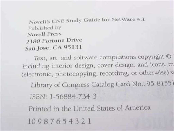 Novell's CNE Study Guide for NetWare 4.1 — copyright page showing ISBN 1-56884-734-3, Novell Press, San Jose CA, printed 1995