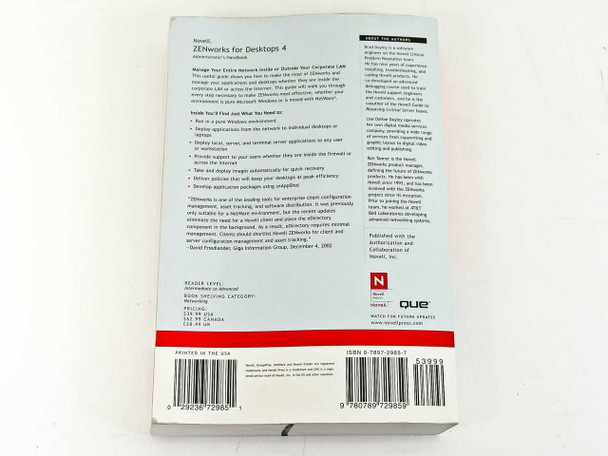 Novell ZENworks for Desktops 4 Administrator's Handbook — full back cover showing book description, reader level, ISBN barcode, and QUE Novell Press logos