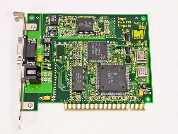 Madge Smart 16/4 PCI Ringnode — component side close-up showing main controller ICs including Madge chipset and oscillator
