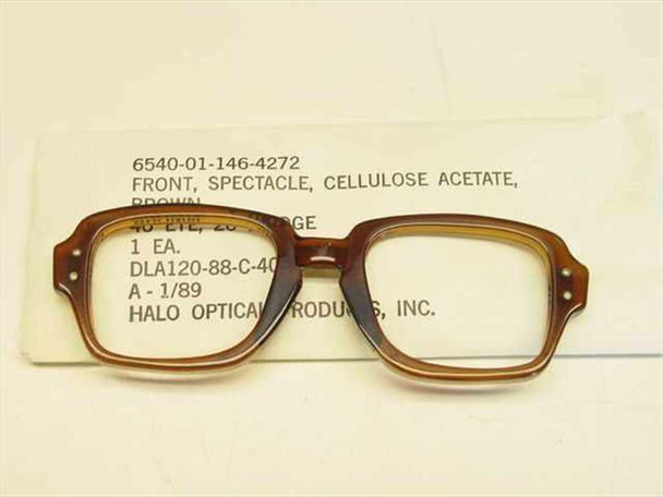 Halo Optical 6540-01-146-4272 brown cellulose acetate military spectacle front with DLA label card showing NSN, size 46 eye 20 bridge, and 1989 date code