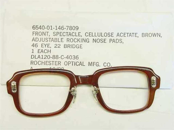 Rochester Optical military spectacle frame 6540-01-146-7809 brown horn-rim front only with DLA contract label