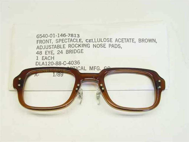 US Military GI spectacle frame 6540-01-146-7813 brown cellulose acetate front view with NSN label sleeve, 48 eye 24 bridge
