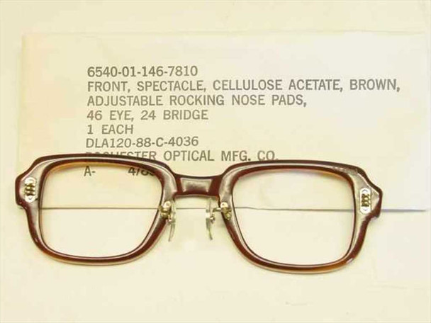 Rochester Optical military spectacle frame 6540-01-146-7810 brown horn-rimmed frame front with adjustable rocking nose pads and contract label