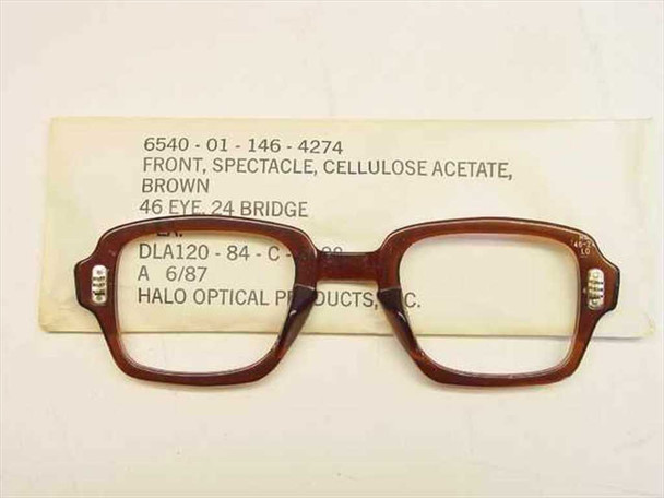 USS 6540-01-146-4274 military-issue spectacle front, front view showing brown cellulose acetate frame and Halo Optical Products sleeve