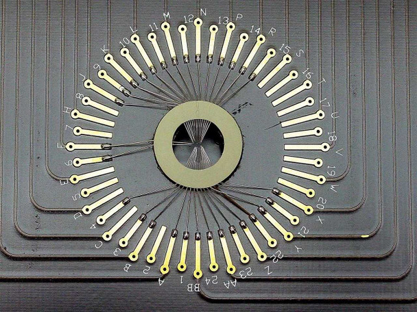 Closeup of C48-1VHT radial cantilever probe array showing individually labeled probe fingers arranged in a full circle around the center contact