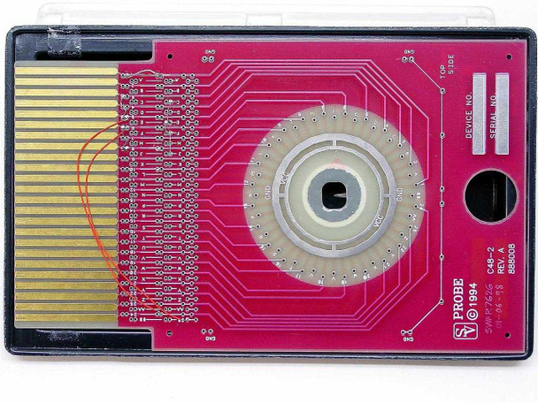 SV Probe C48-2 Rev A 888008 Motherboard Test Fixture – reverse side view showing circular probe array, Device No. and Serial No. label fields, and SV Probe markings