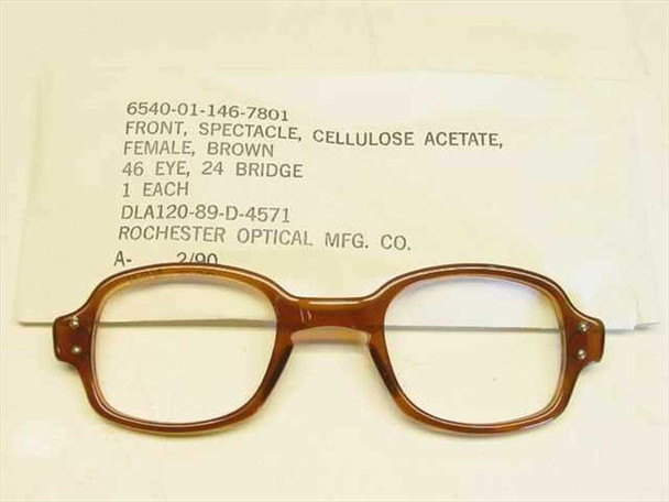 Rochester Optical 6540-01-146-7801 brown cellulose acetate military spectacle frame front view with NSN label sleeve