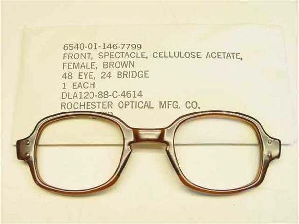 Rochester Optical GI military spectacle front 6540-01-146-7799 brown cellulose acetate 48-24 shown with label, front view