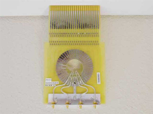 G0059 Probe Card reverse side showing circular probe array, label with G00509 and 11/99 L date code, and four gold-plated SMA signal connectors on aluminum mounting bar