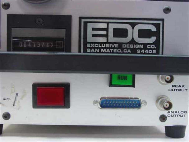 EDC Exclusive Design Co front panel – showing digital counter display, red power switch, green RUN button, DB-25 connector, and BNC Peak Output and Analog Output connectors