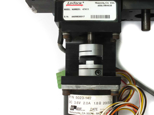 Applied Motion Products servo motor label on Lintech 47411 showing P/N 5023-149, DC 3.6V 2.0A 1.8 Ohm 200 S/R specifications