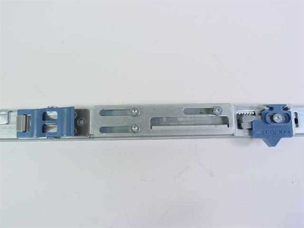 Close-up of HP 252525-001 slide rail showing blue quick-release tabs and adjustable bracket mechanism
