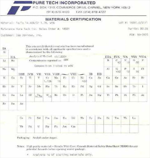 Pure Tech Incorporated Materials Certification document showing Fe/Ta 14.46% Cr 1.7% composition, 99.95% purity, Lot 18381-0/01/1, sealed under argon