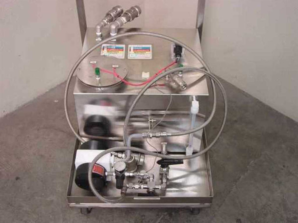 Chemical transport cart front view without handle – stainless tank with integrated pump, valve manifold, and braided flex hose